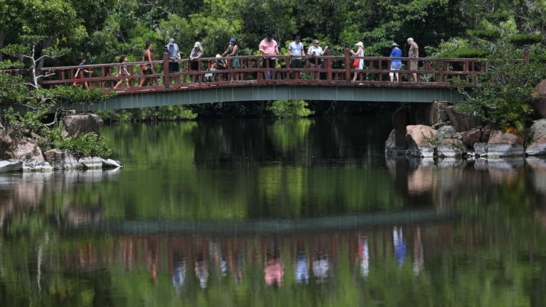 Visitors stroll on a bridge at the Morikami Museum and...