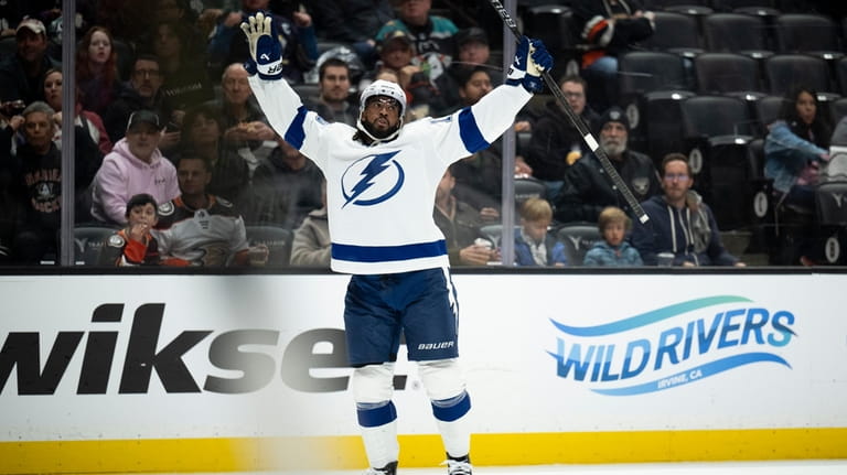 Tampa Bay Lightning left wing Anthony Duclair (10) celebrates his...