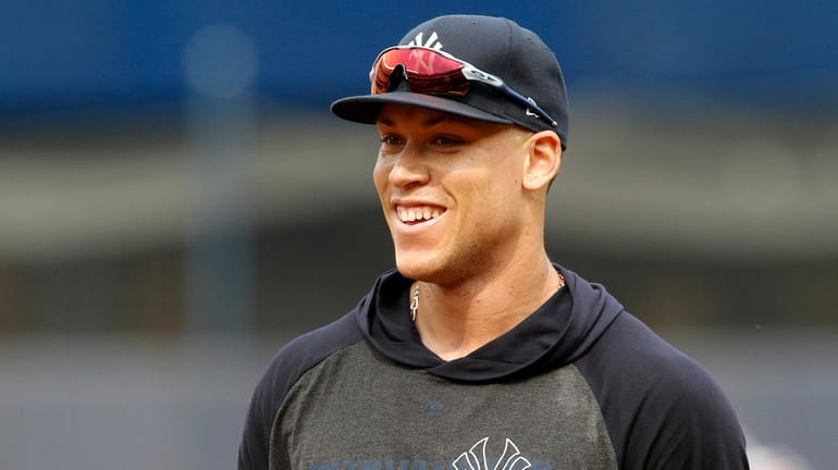 Aaron Judge of the New York Yankees works out in...