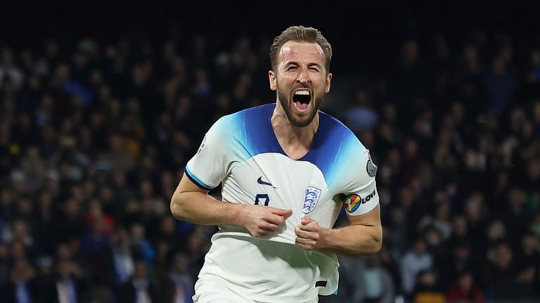 England's Harry Kane celebrates after scoring to 0-2 during the...