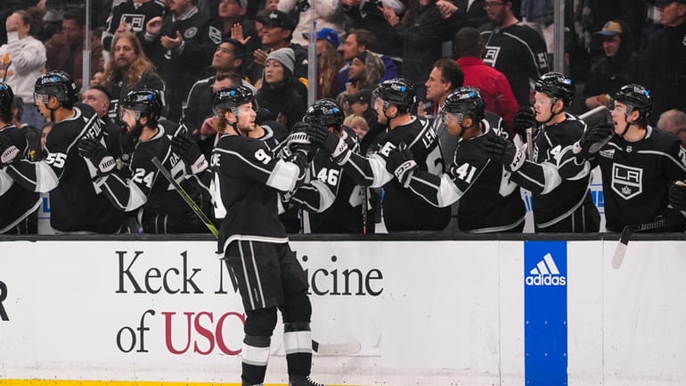Los Angeles Kings right wing Adrian Kempe celebrates with the...