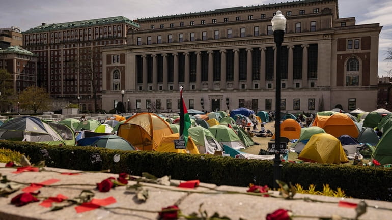 Pro-Palestinian protesters camp out in tents at Columbia University on...