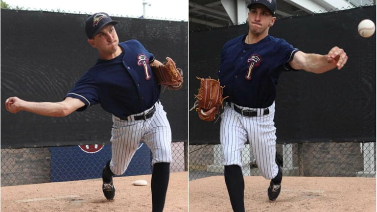 Switch-pitcher Pat Venditte in action from the left and right...