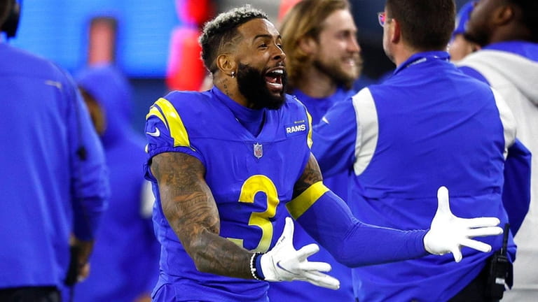 Odell Beckham Jr. of the Rams reacts in the final moments of...