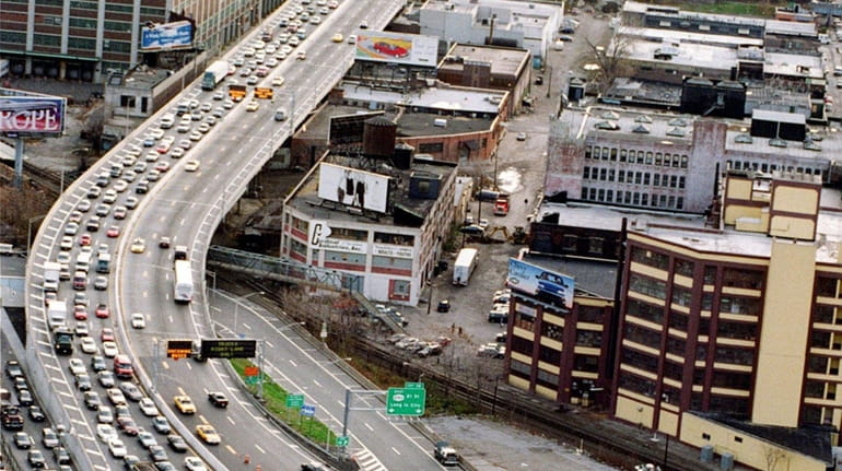 Aerial view of roads leading to toll booth.