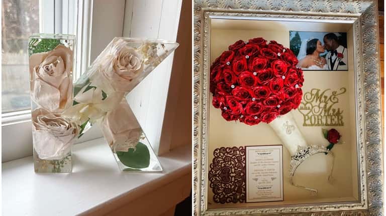 This shadow box incorporates several items from a wedding including...