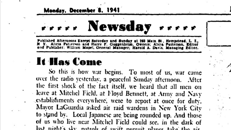 The Newsday editorial from Dec. 8, 1941.