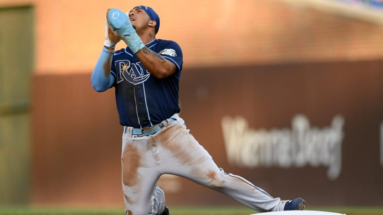 Tampa Bay Rays' Wander Franco celebrates at second base after...