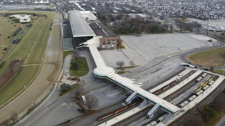 Pictured is an aerial view of the parking lot in...