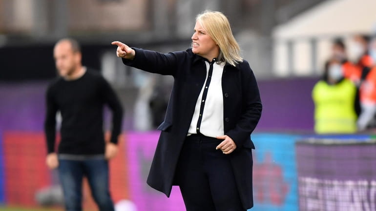 Chelsea's coach Emma Hayes directs her team during the UEFA...