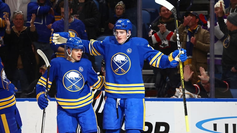 Buffalo Sabres center Tage Thompson (72) celebrates after his goal...