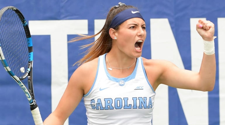 North Carolina's Alexa Graham reacts to their point in doubles...
