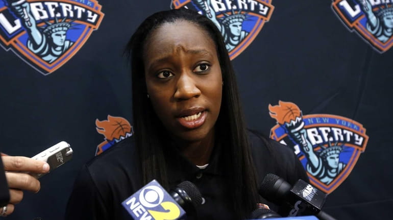 The Liberty's Tina Charles takes questions during Liberty Media Day...