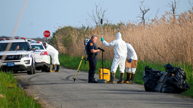 Suffolk County police investigate the area where the remains were...
