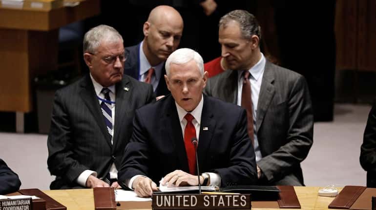 Vice President Mike Pence speaks at a UN Security Council...