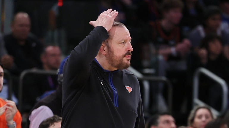 Knicks head coach Tom Thibodeau reacts in the third quarter...