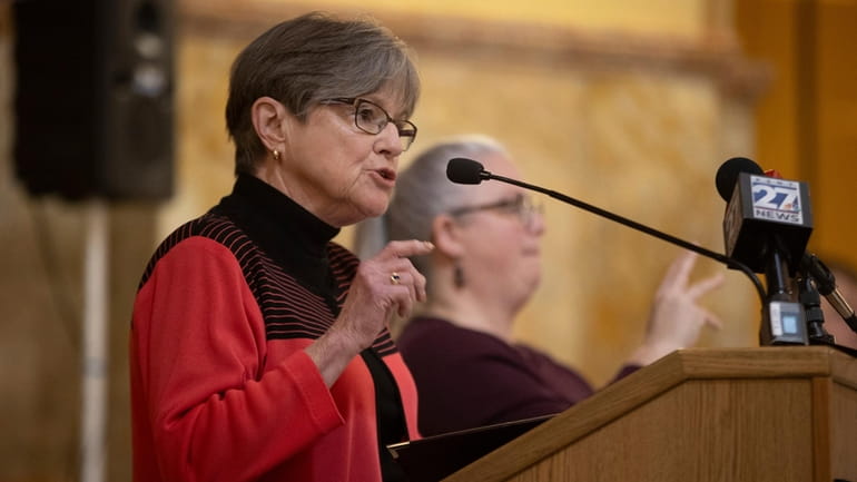 Kansas Gov. Laura Kelly speaks about the necessity to expand...