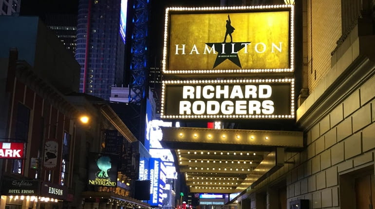 The Hamilton marquee on Broadway.