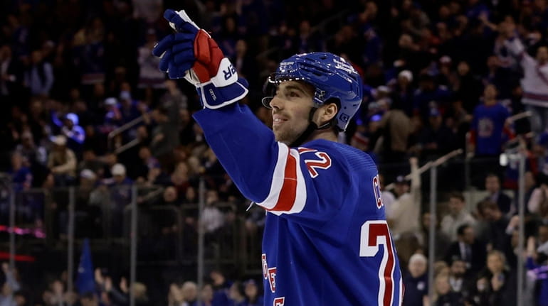 Filip Chytil #72 of the Rangers celebrates his first period goal...