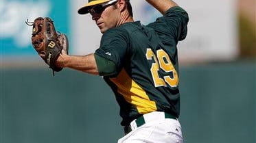 Oakland Athletics infielder Scott Sizemore throws to first during a...