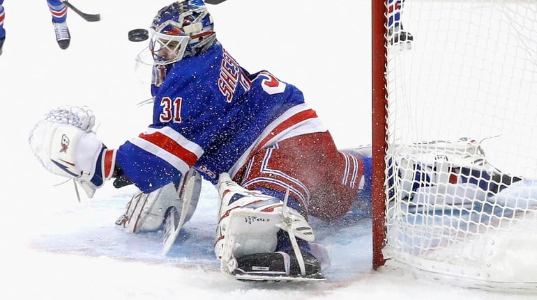 Igor Shesterkin #31 of the Rangers makes the second period save...