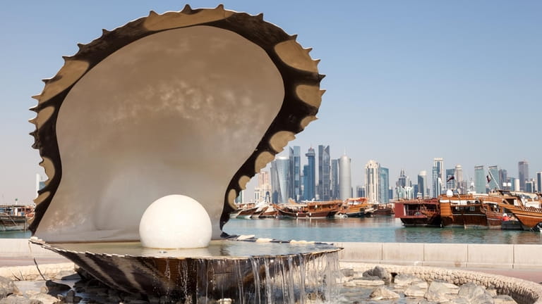Pearl fountain at the corniche of Doha, Qatar.