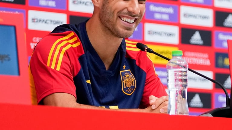 Spain's Marco Asensio during a news conference at Qatar University,...