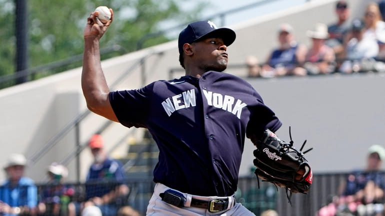 New York Yankees' Luis Severino pitches against the Detroit Tigers...
