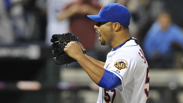 Johan Santana reacts to the final out of his no-hitter....