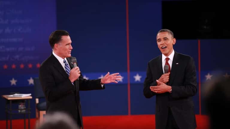 Then-GOP presidential nominee Mitt Romney and President Barack Obama appear...