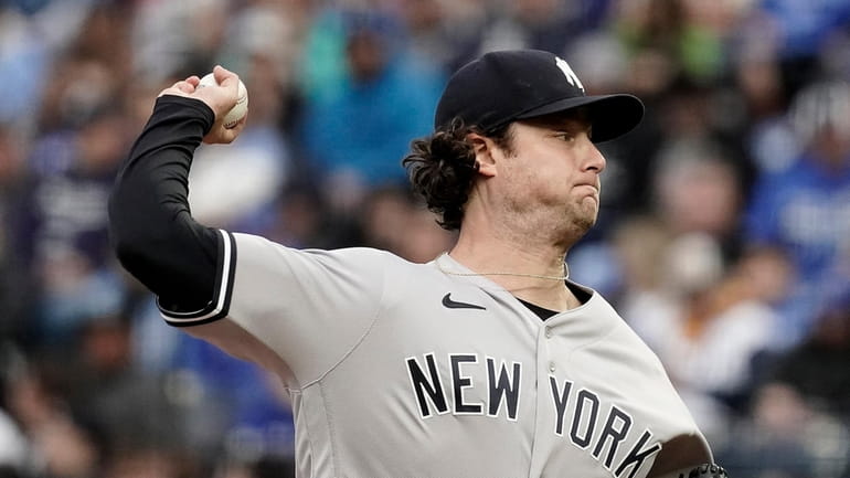 New York Yankees starting pitcher Gerrit Cole throws during the...