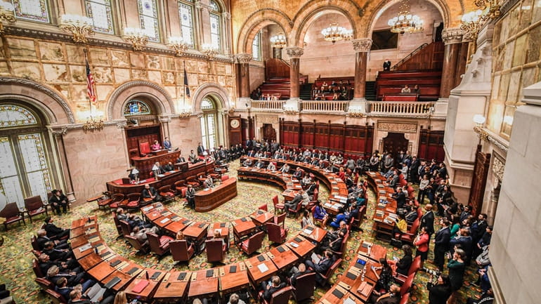 The New York state Senate meets in the Senate Chamber.
