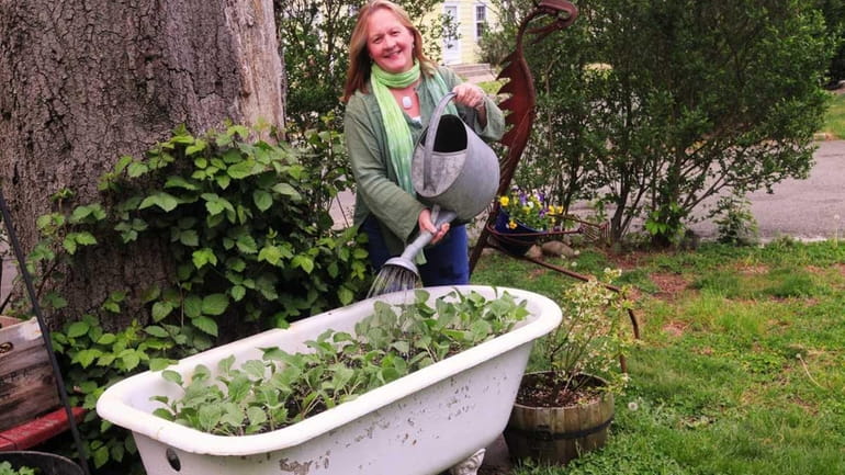 Betsy Davidson waters a claw-footed bathtub, which she has planted...