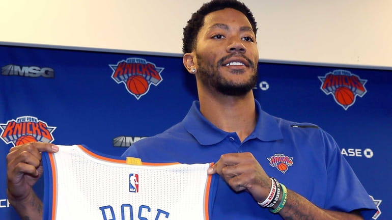 Knicks introduce Derrick Rose during a press conference at Madison...