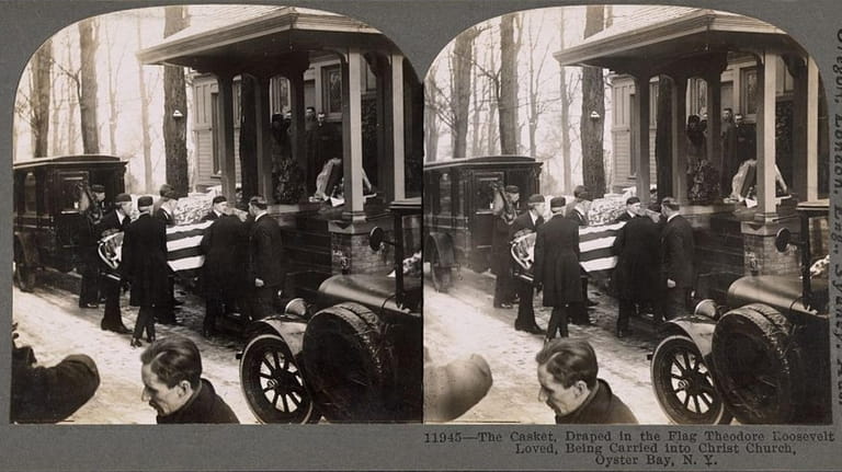 A 1919 stereograph shows Roosevelt's flag-draped coffin being carried into Christ...