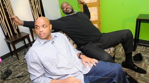 Charles Barkley, left, and Shaquille O'Neal wrap up an interview...