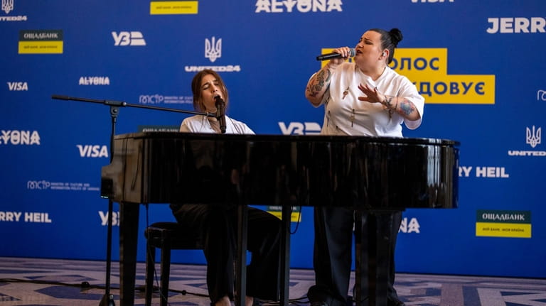 Ukrainian singer Jerry Heil, left, and rapper alyona alyona perform...