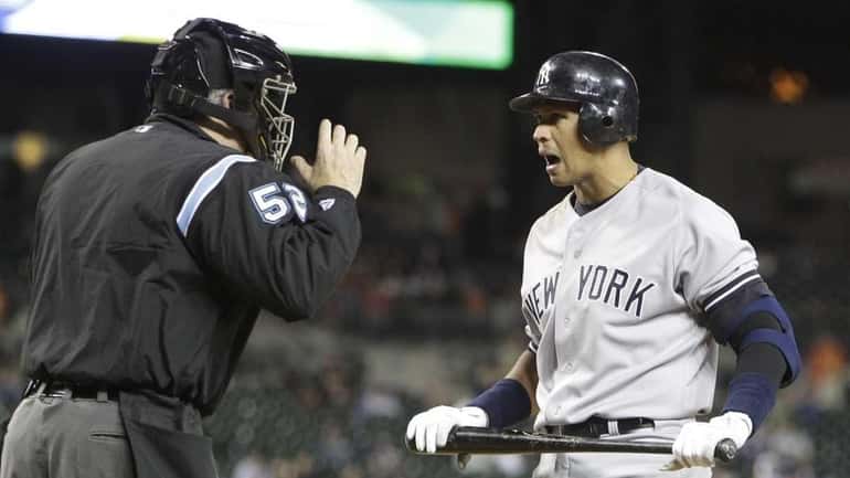 New York Yankees Alex Rodriguez argues his call strike out...