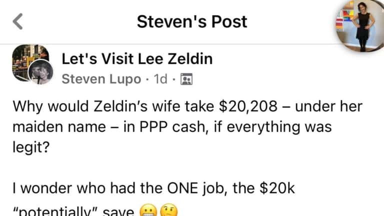 A screenshot of Steven Lupo's Facebook post about Lee Zeldin and...