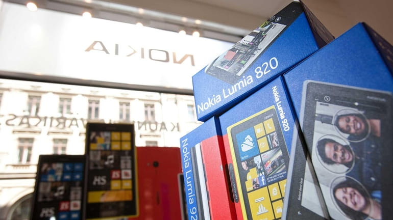 A promotional display of Lumia 920 and 820 smartphone boxes...