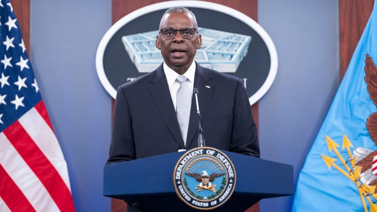 Defense Secretary Lloyd Austin speaks during a Pentagon press briefing...