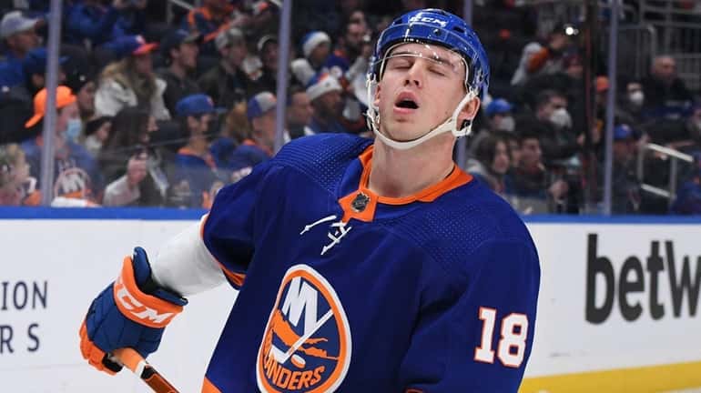 Islanders left wing Anthony Beauvillier reacts after he was unable...