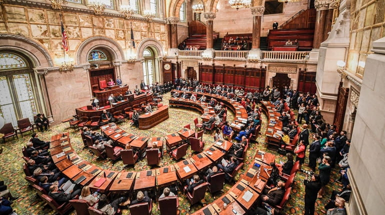 The New York state Senate meets in the Senate Chamber...