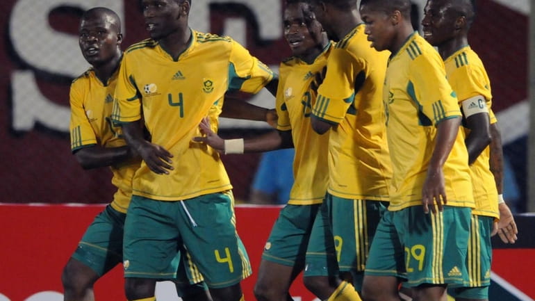 South Africa celebrates after scoring against Paraguay during their friendly...
