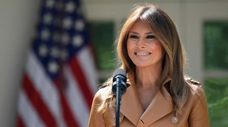 First lady Melania Trump speaks in the Rose Garden at...