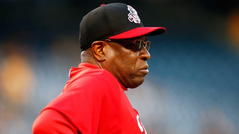 Manager Dusty Baker of the Cincinnati Reds looks on during...