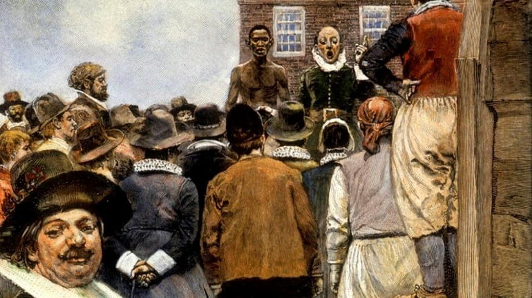 An illustration of a 1600s slave auction in Manhattan; unlike...