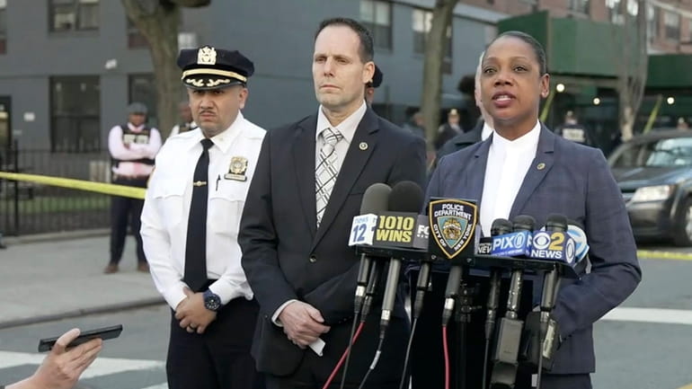 NYPD Commissioner Keechant Sewell speaks during a news conference Friday after a teenage girl was killed...