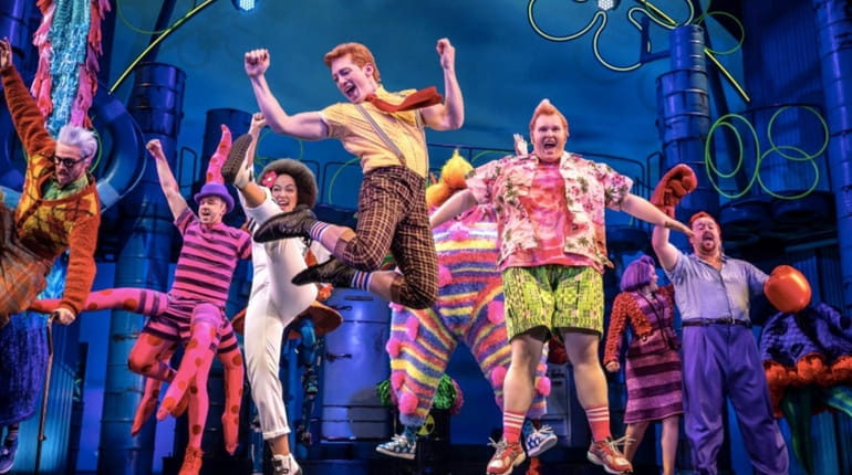 Ethan Slater, center, and company in "SpongeBob SquarePants: The Broadway...