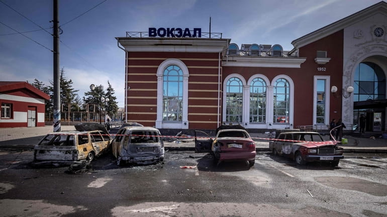 The train station in Kramatorsk, eastern Ukraine, after it was...